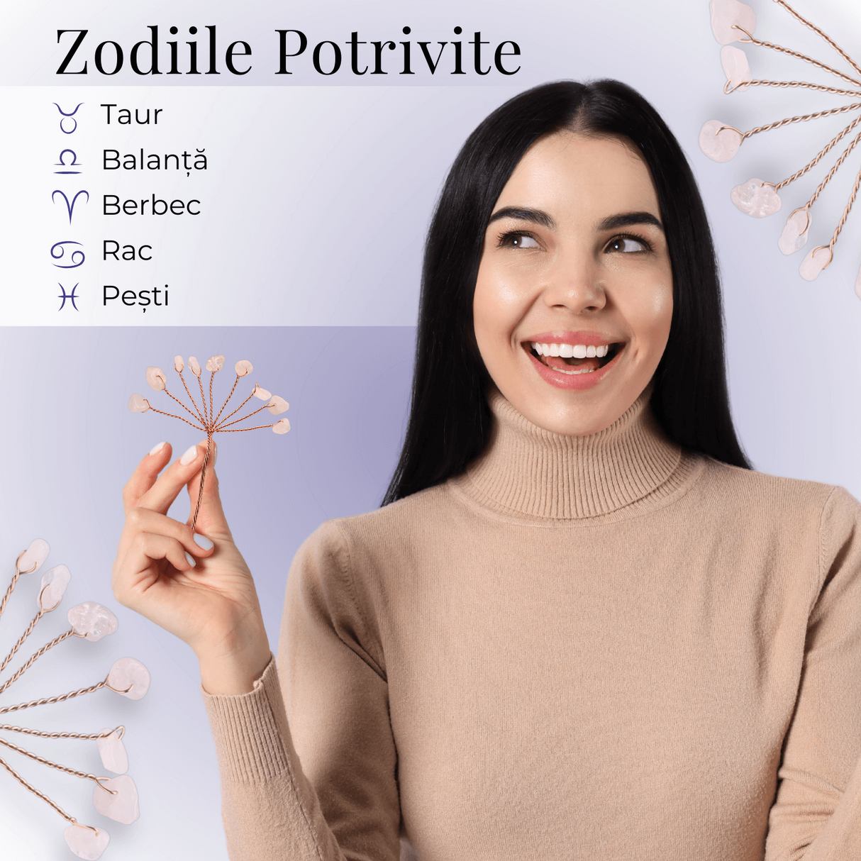 Ramurica Decorativă DIY cu Pietre Naturale Cuart Roz (9 Pietricele)