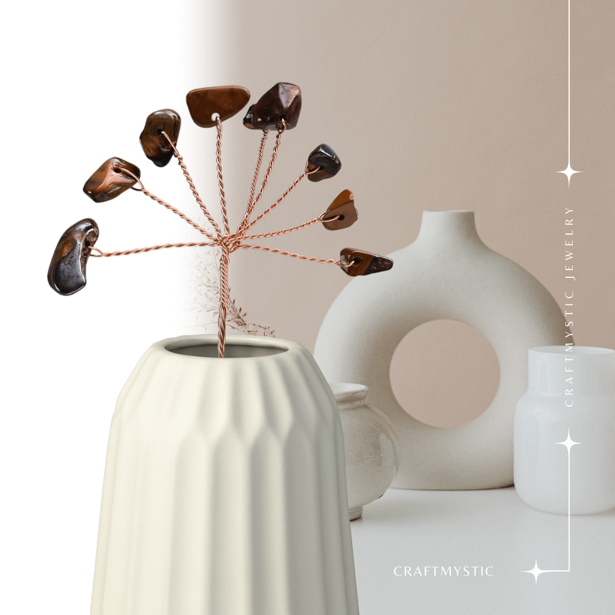Ramurica Decorativă DIY cu Pietre Naturale Ochi de Tigru (9 Pietricele)