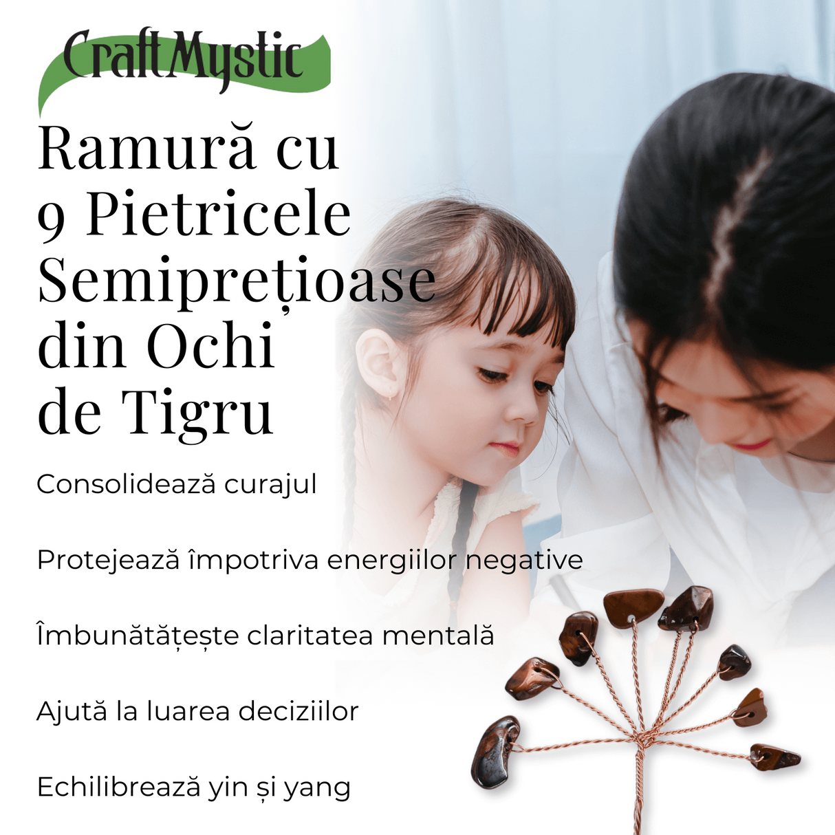 Ramurica Decorativă DIY cu Pietre Naturale Ochi de Tigru (9 Pietricele)