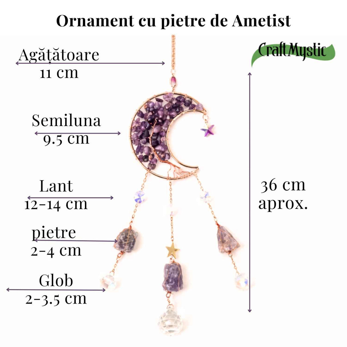 Ornament decorativ cu ametist – semiluna pentru armonia spatiului