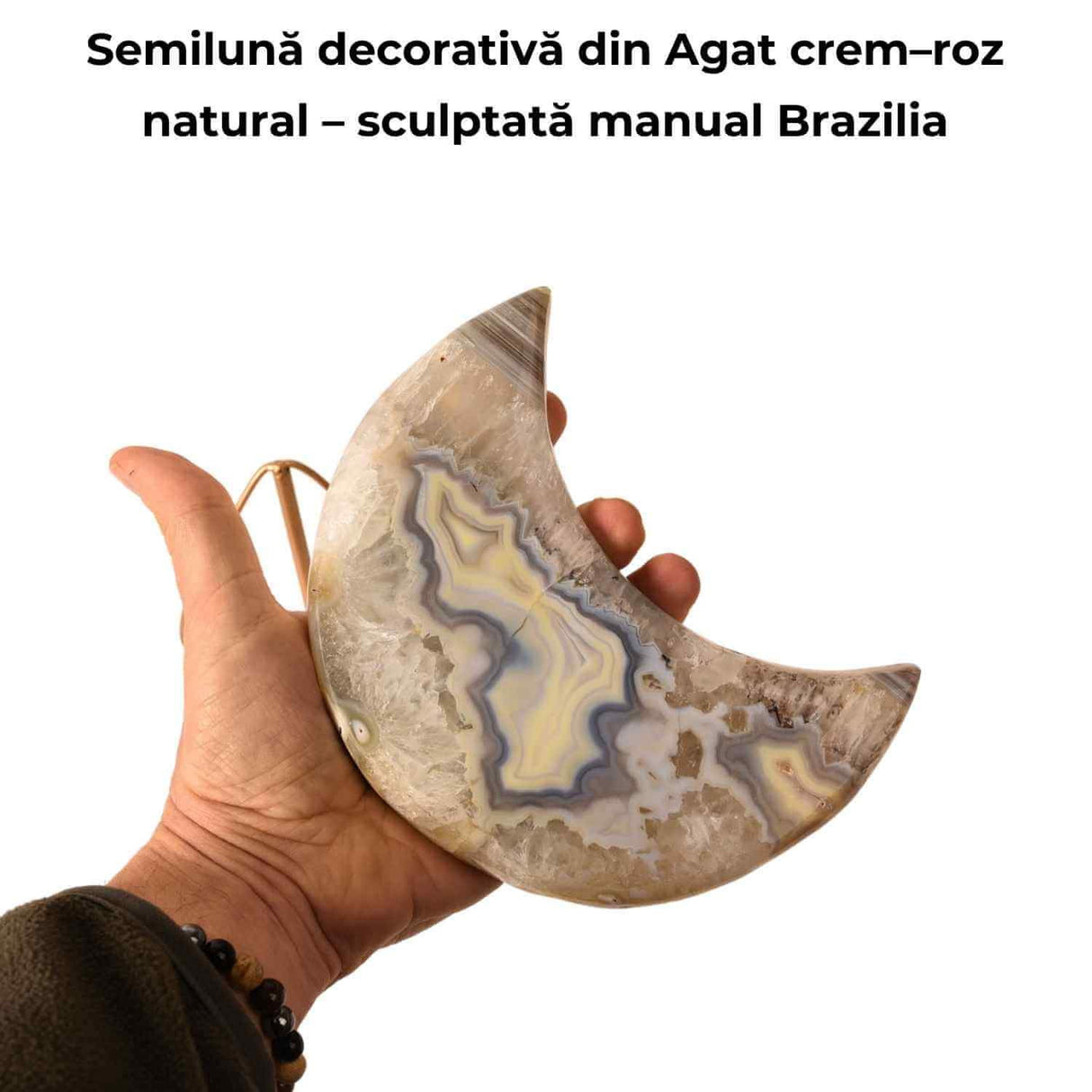 Semiluna decorativa din Agat crem-roz natural - sculptata manual, Brazilia 0.86 kg