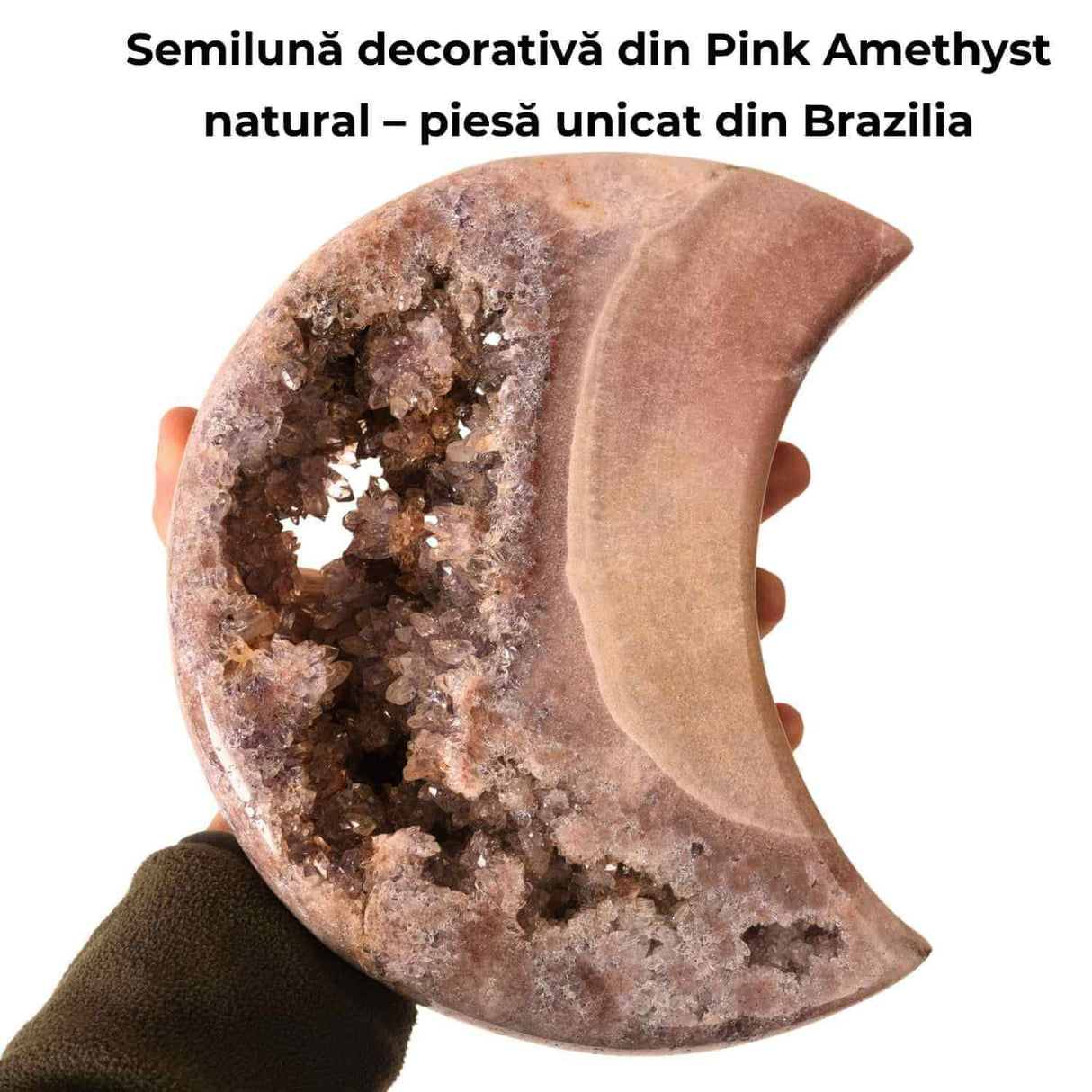 Semiluna decorativa din Pink Amethyst natural - piesa unicat sculptata manual, Brazilia
