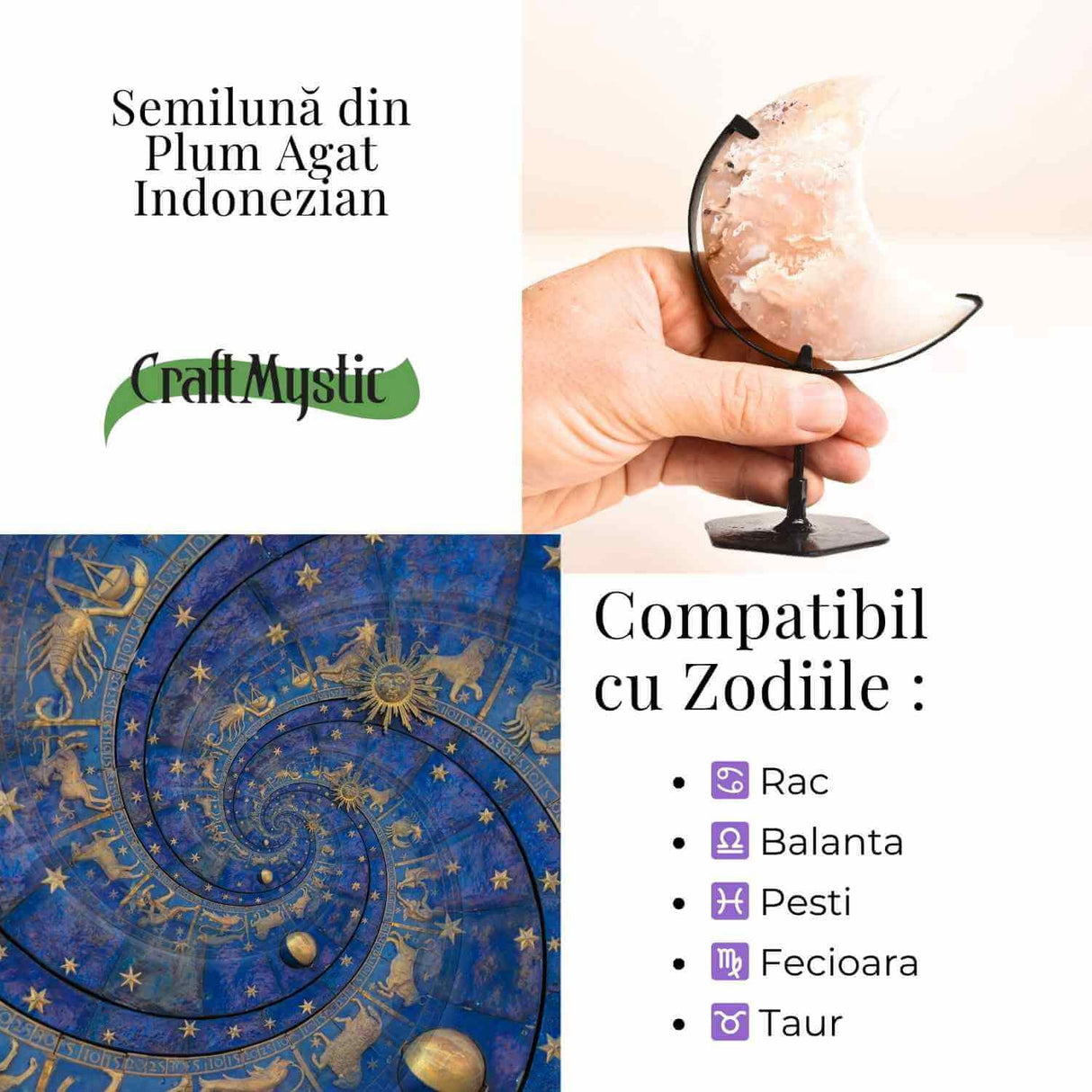 Semiluna din Plum Agat - Sculptata manual, armonie interioara si blandete