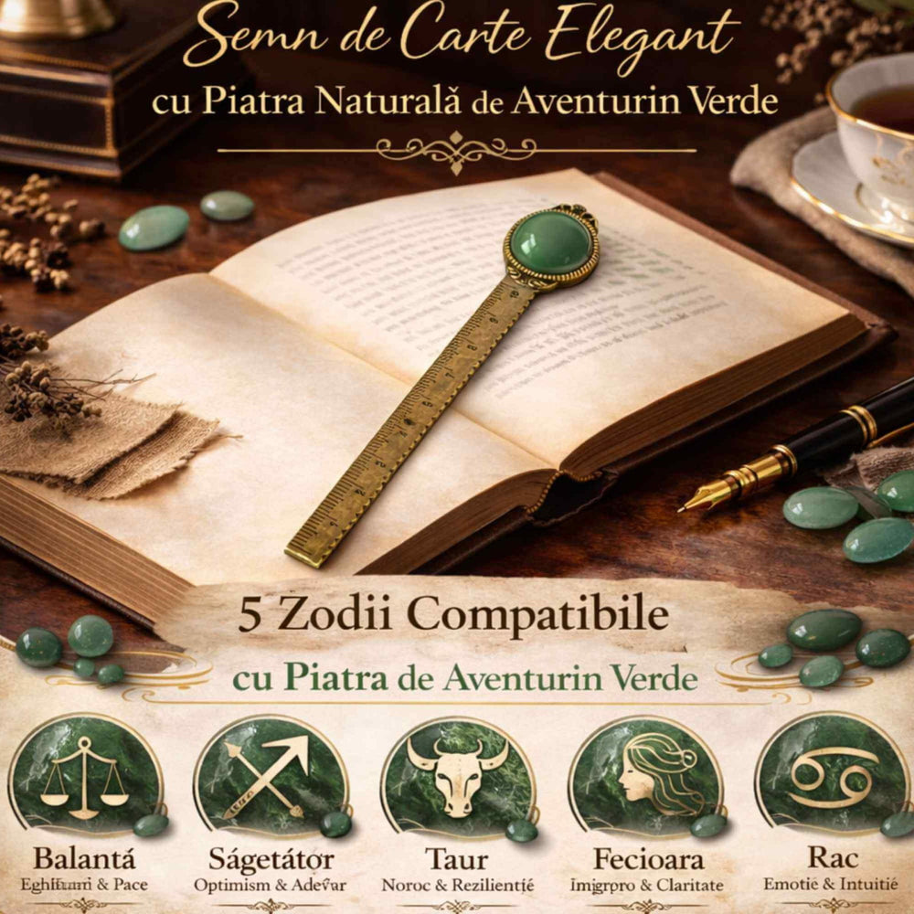 Semn de Carte Elegant cu Piatra Naturala de Aventurin Verde si Alama