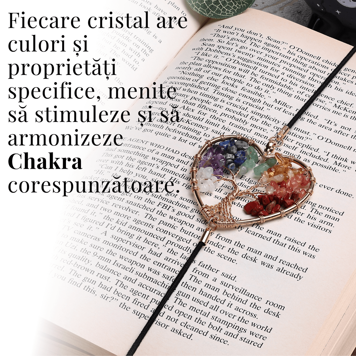 Semn de Carte Elastic cu Cristale Chakra - Forma Inima, Metal Vintage