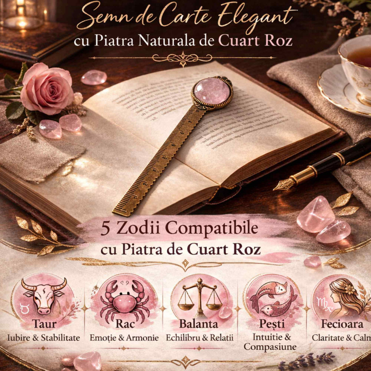 Semn de Carte Elegant cu Piatra Naturala de Cuart Roz si Alama
