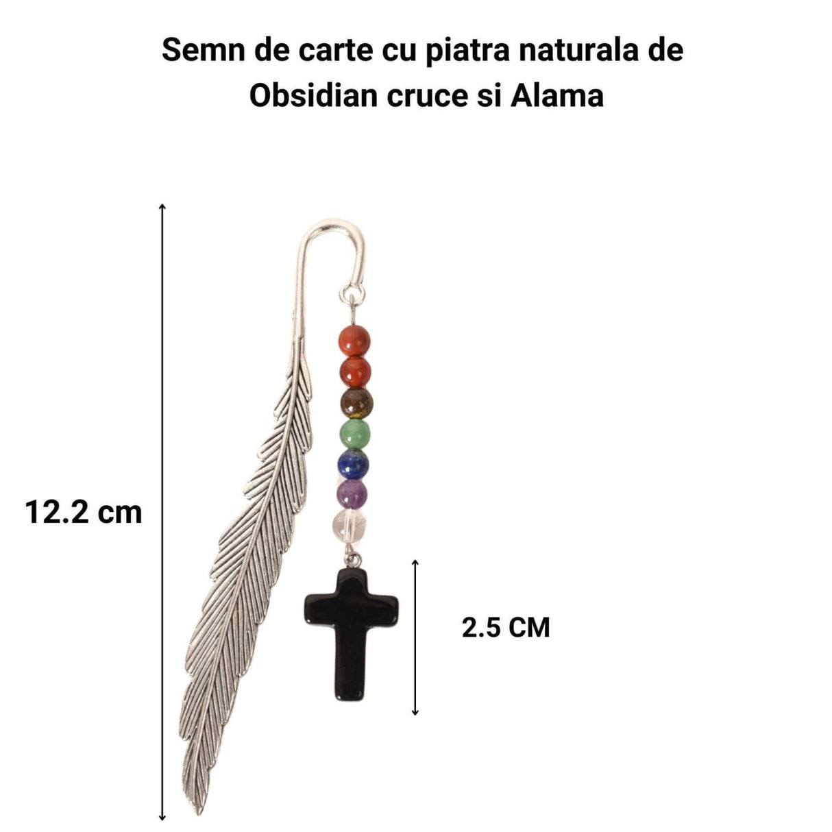 Semn de Carte cu Cruce din Obsidian si Pietrele celor 7 Chakre