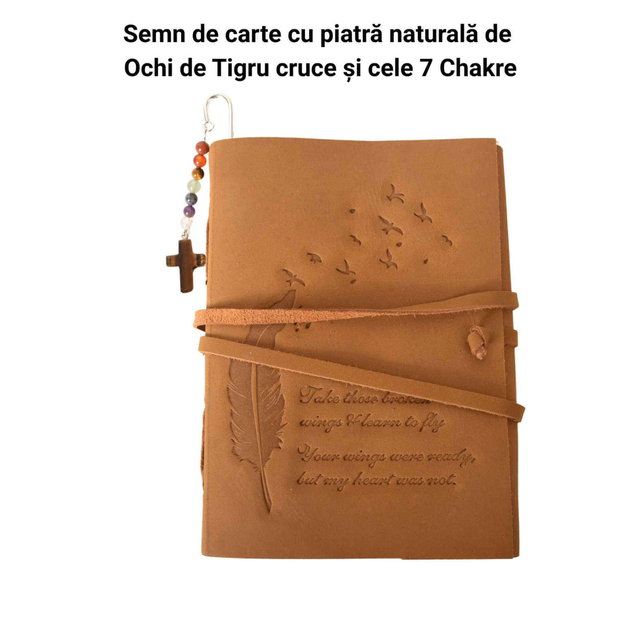 Semn de carte cu piatra naturala de Ochi de Tigru, Cruce si 7 Chakre