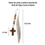 Semn de carte cu piatra naturala de Ochi de Tigru, Cruce si 7 Chakre