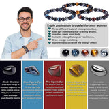 Set 3 Bratari cu Tripla Protectie, Bratara cu Margele de Cristal Vindecator de 8 mm, Bratara din Obsidian Hematit Ochi de Tigru Albastru Rosu pentru Femei si Barbati