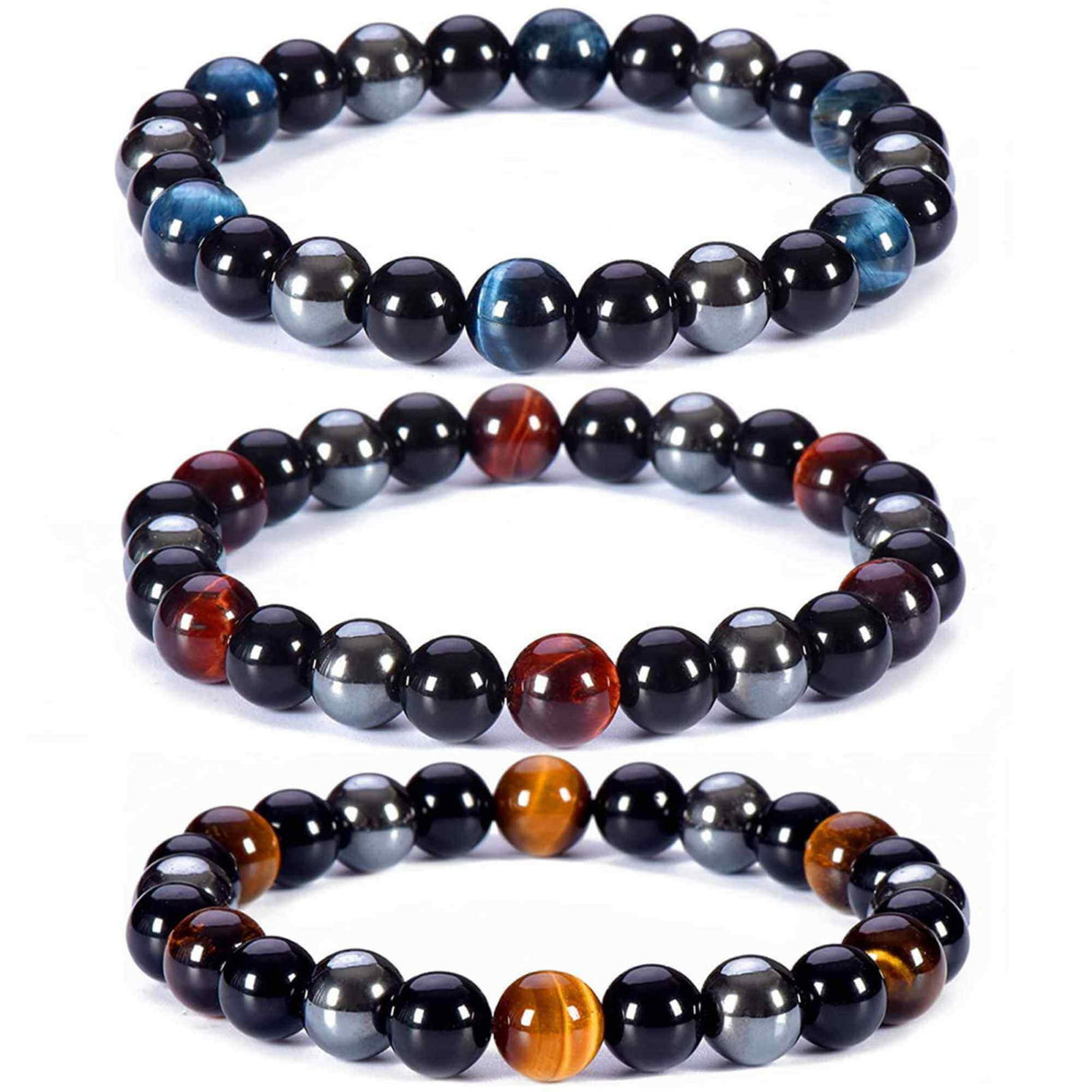 Set 3 Bratari cu Tripla Protectie, Bratara cu Margele de Cristal Vindecator de 8 mm, Bratara din Obsidian Hematit Ochi de Tigru Albastru Rosu pentru Femei si Barbati