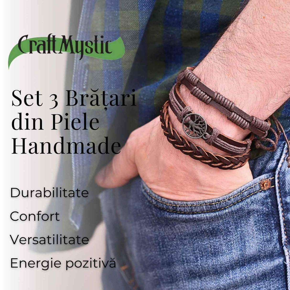 Set 3 Brățări Inedite cu Arborele Vieții si piele sintetica maro- Stil și Protecție