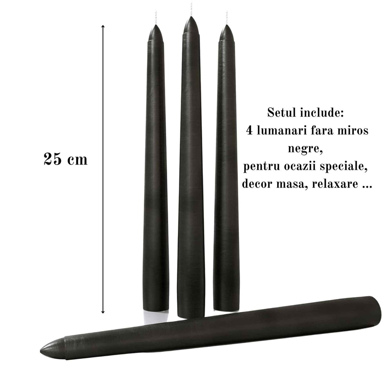 Set 4 Lumanari negre conice de 25 cm - Lumanari fara picurare si fara parfum - Perfecte ca lumanari pentru decor, ocazii speciale