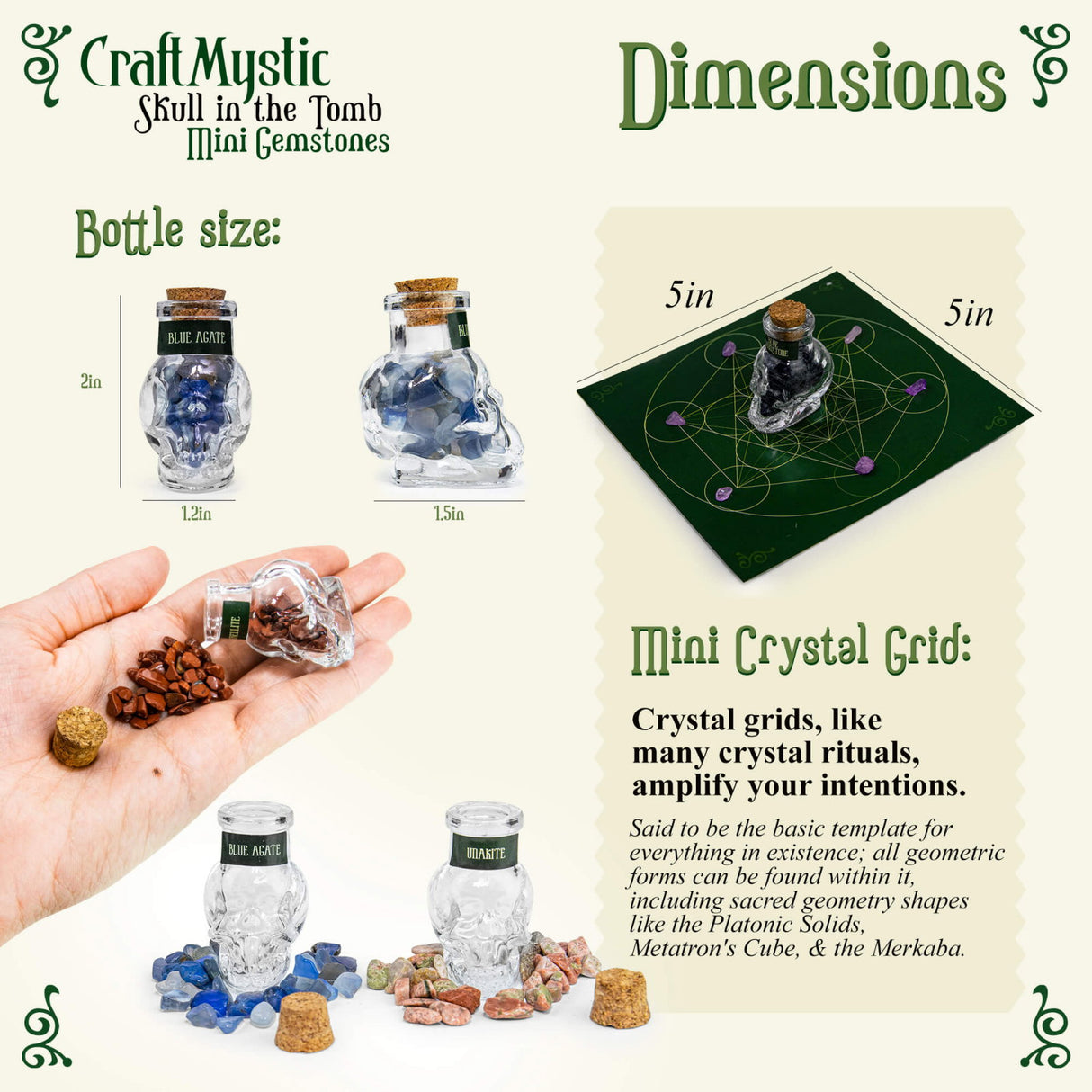 Set 14 Mini Cristale Naturale in sticlute cu forma de craniu - Un cadou perfect pentru incepatori in magie si vindecare spirituala - Cristale si pietre chakra Wiccan