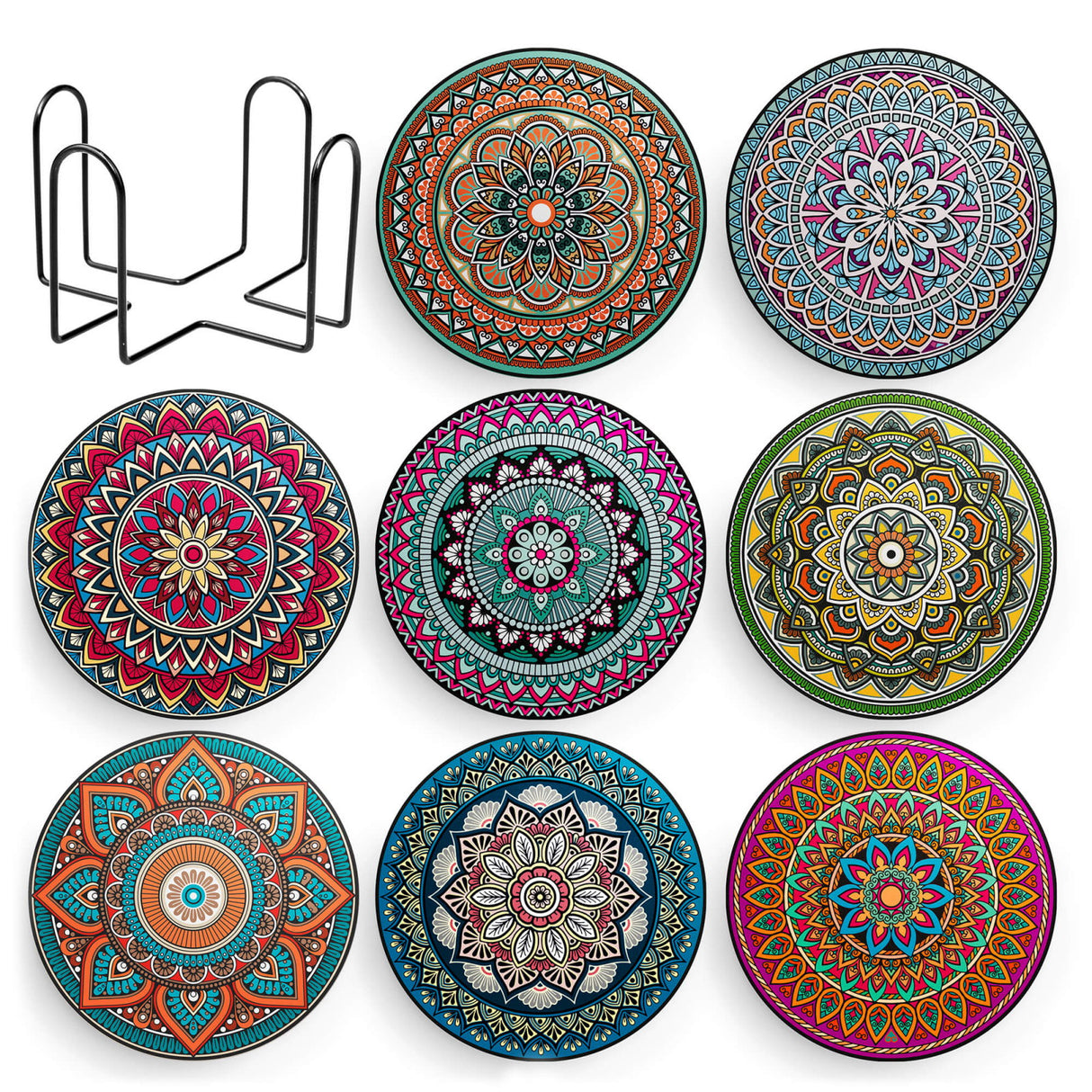 Set 8 suporturi pentru pahare tematica boho mandala si organizator, material ceramica absorbanta cu baza din pluta antiaderenta