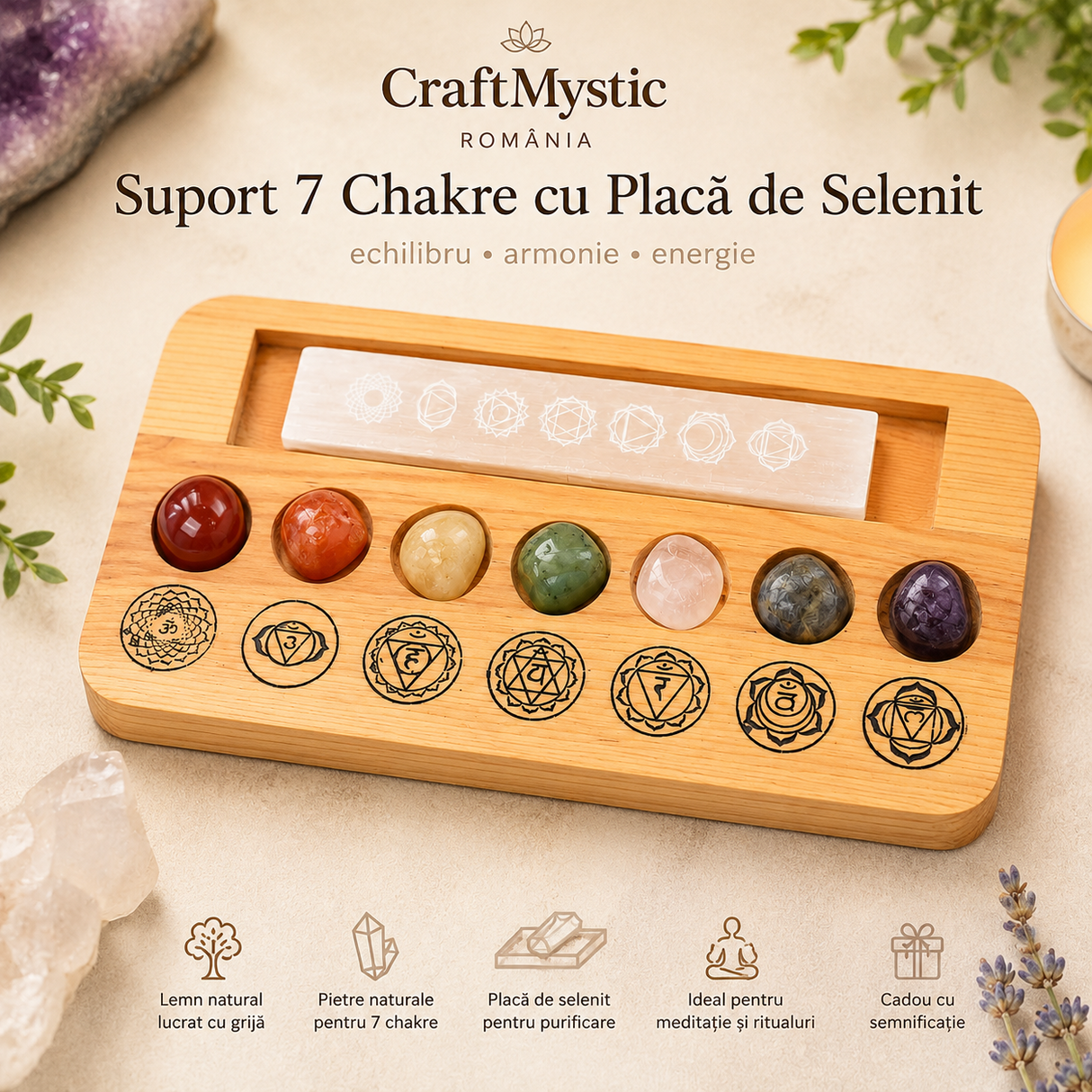 Set 7 Pietre Chakra cu Placa de Selenit si Suport din Lemn – Echilibru Energetic si Purificare