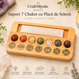Set 7 Pietre Chakra cu Placa de Selenit si Suport din Lemn – Echilibru Energetic si Purificare