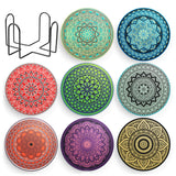 Set 8 suporturi pentru pahare tematica boho mandala deschis si organizator, material ceramica absorbanta cu baza din pluta antiaderenta