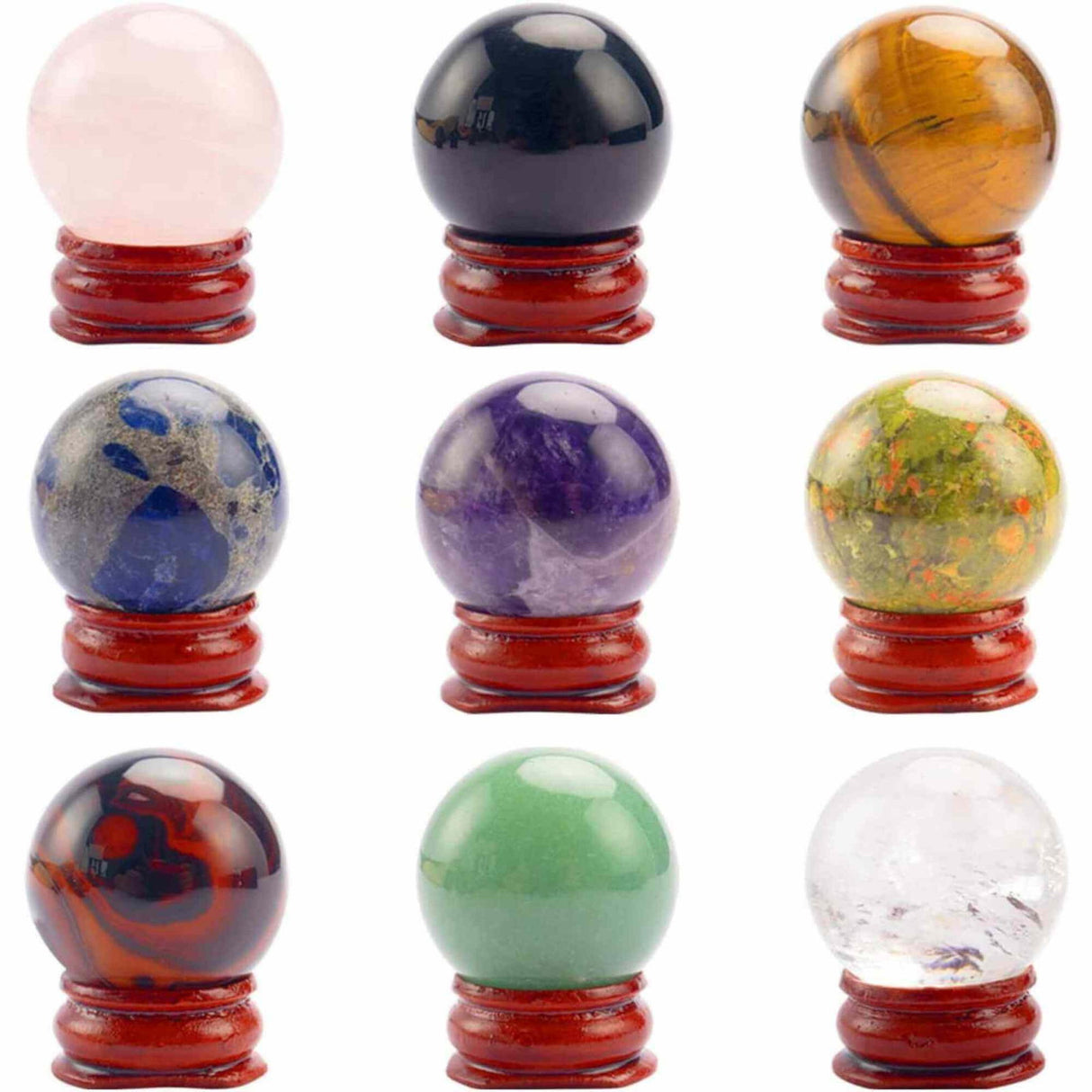 Set 9 sfere din cristale naturale sempretioase in cutie cadou - Pentru decor feng shui, meditatie, astrologie