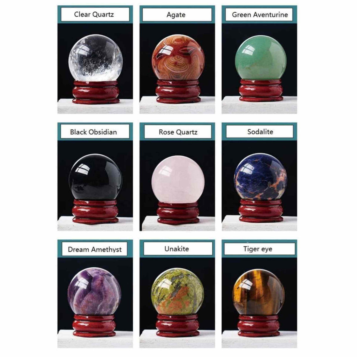 Set 9 sfere din cristale naturale sempretioase in cutie cadou - Pentru decor feng shui, meditatie, astrologie