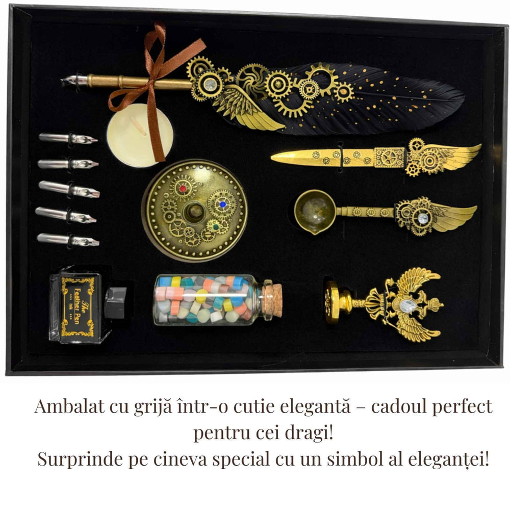 Set Stilou Pana neagra Steampunk cu Accesorii Complete - Caligrafie, Sigilii si Cadou Premium