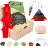 Set premium cu cristale, pietre naturale si piramida orgonica in cutie de lemn - 11 piese pentru meditatie, spiritualitate, echilibrarea chakrelor – Piramida orgonica chakra , pendul chakra, cuart roz