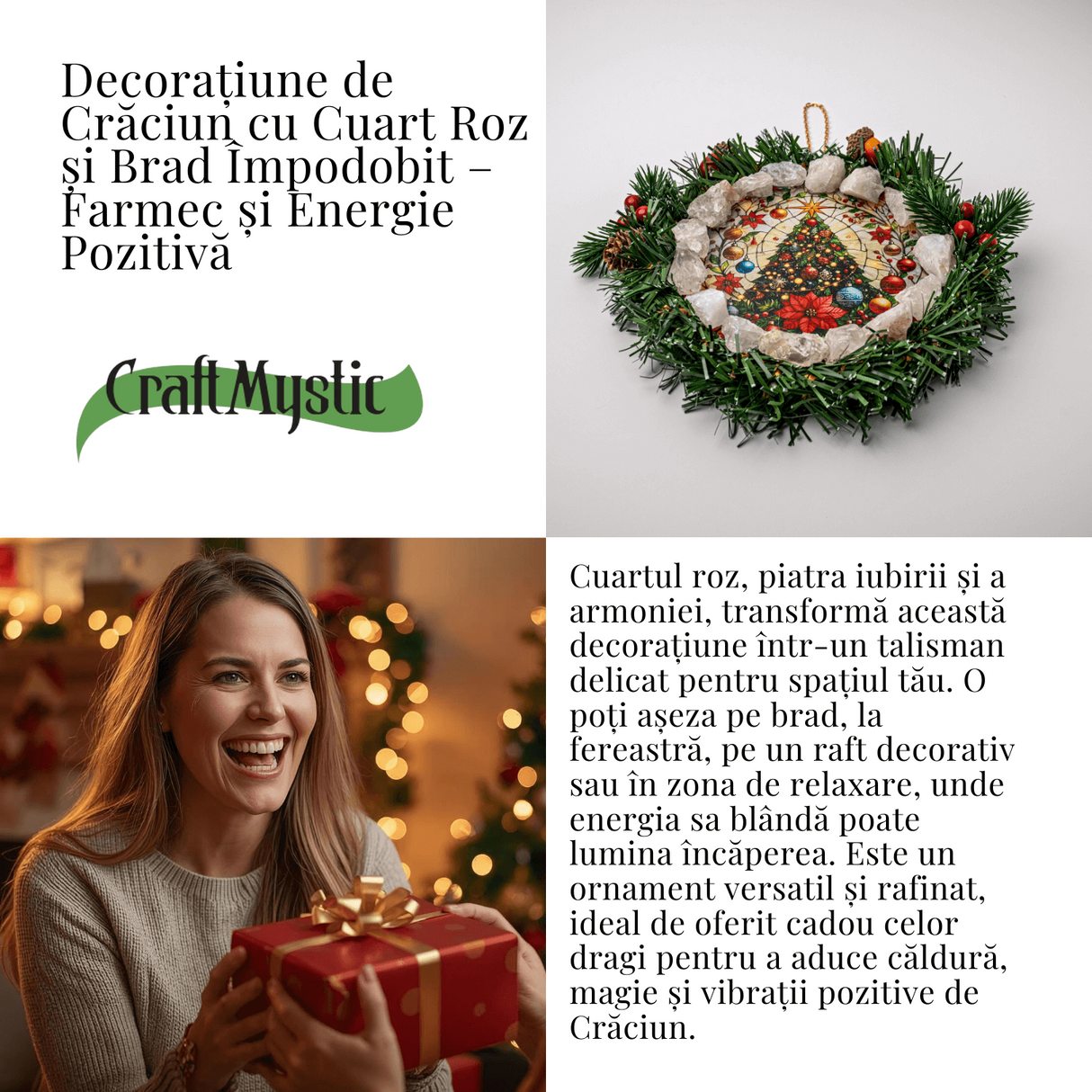 Coronita de Craciun cu Cuart Roz Brut - Armonie, Iubire si Magie Festiva