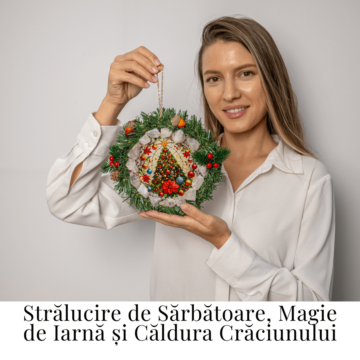 Coronita de Craciun cu Cuart Roz Brut - Armonie, Iubire si Magie Festiva