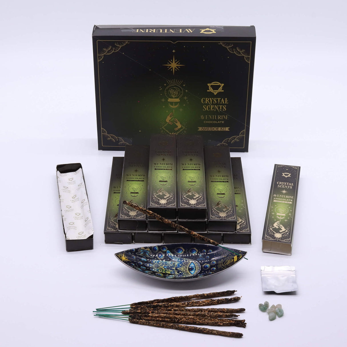 Smudge Kit cu Aventurin Verde si Betisoare Parfumate cu Ciocolata pentru Prosperitate si Echilibru