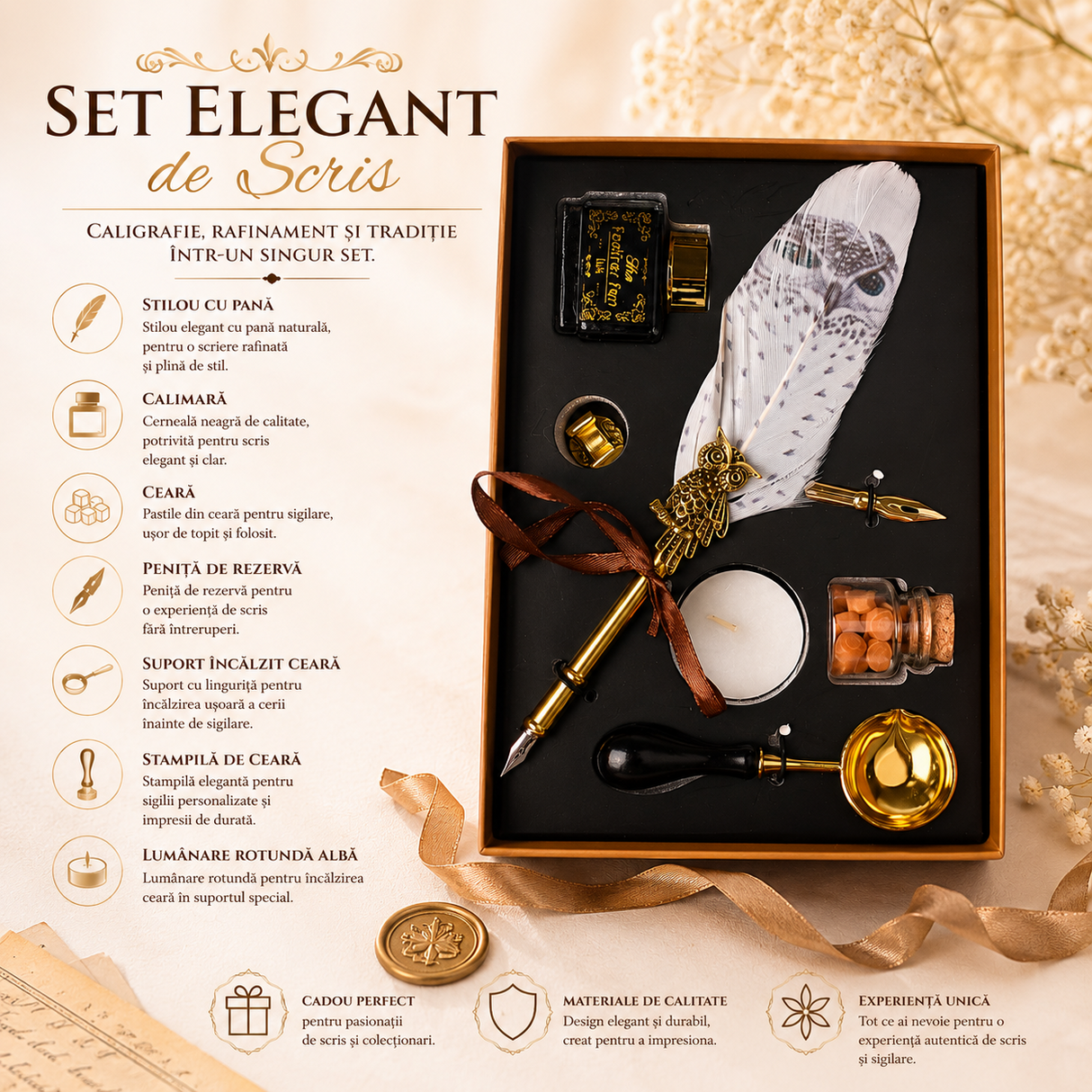 Set Stilou Pana Alba cu Bufnita Vintage – Eleganta si Inspiratie pentru Scris Artistic