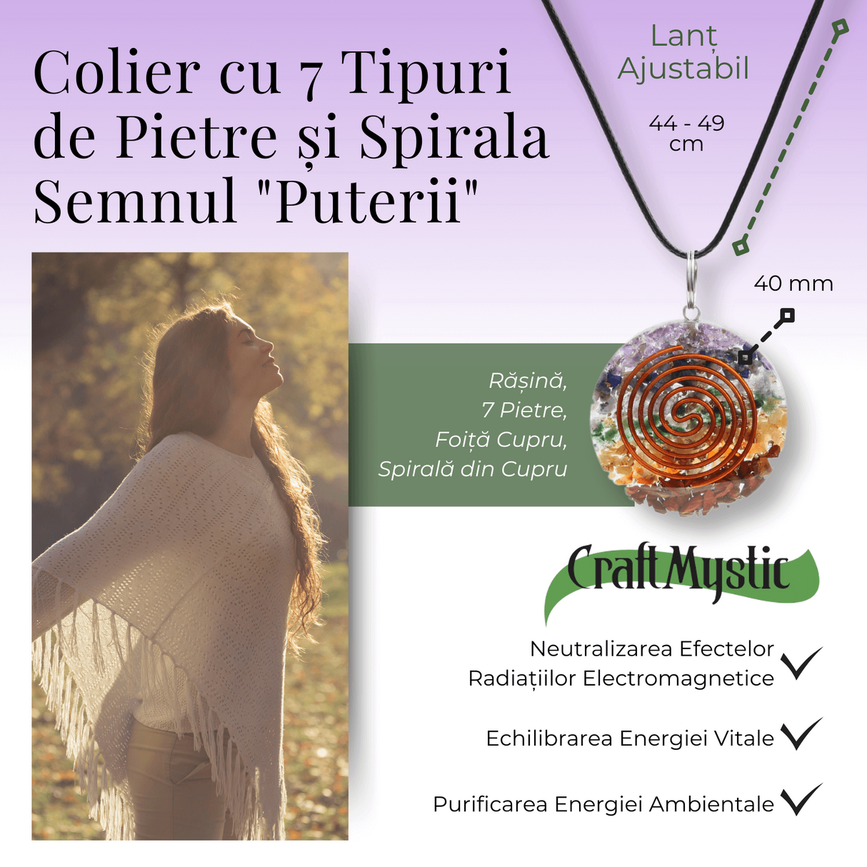 Colier Reglabil Orgonic cu Pietre pentru Cele 7 Chakre si Semnul \"Puterii\" Spirala