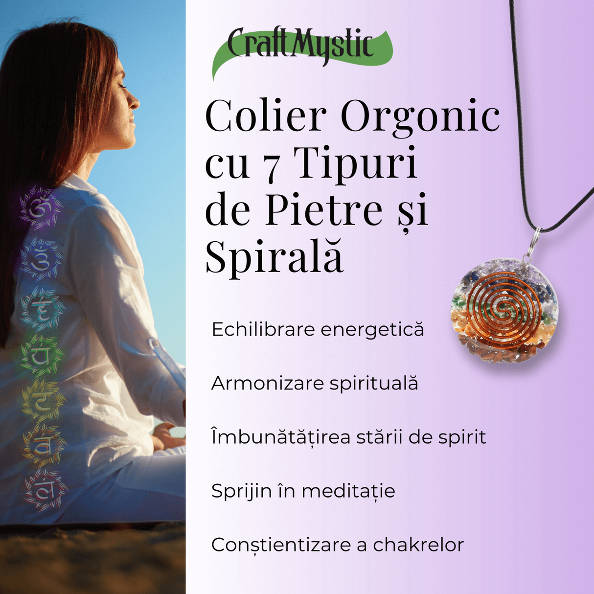 Colier Reglabil Orgonic cu Pietre pentru Cele 7 Chakre si Semnul \"Puterii\" Spirala