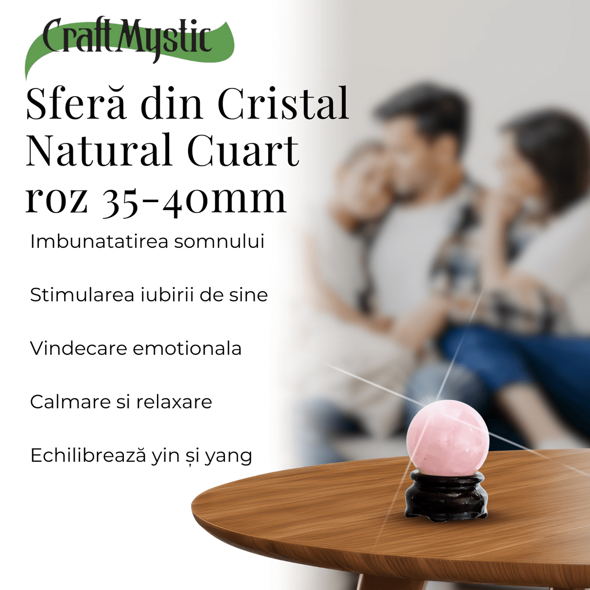 Sfera din Cuart Roz 35-40 mm cu Suport Inclus - Promoveaza Iubirea de Sine și Armonia