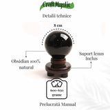 Sfera Obsidian Negru 100% Natural 80 mm cu Suport Lemn India - Protectie si Purificare Energetica