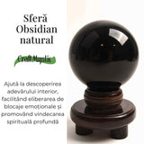 Sfera Obsidian Negru 100% Natural 80 mm cu Suport Lemn India - Protectie si Purificare Energetica
