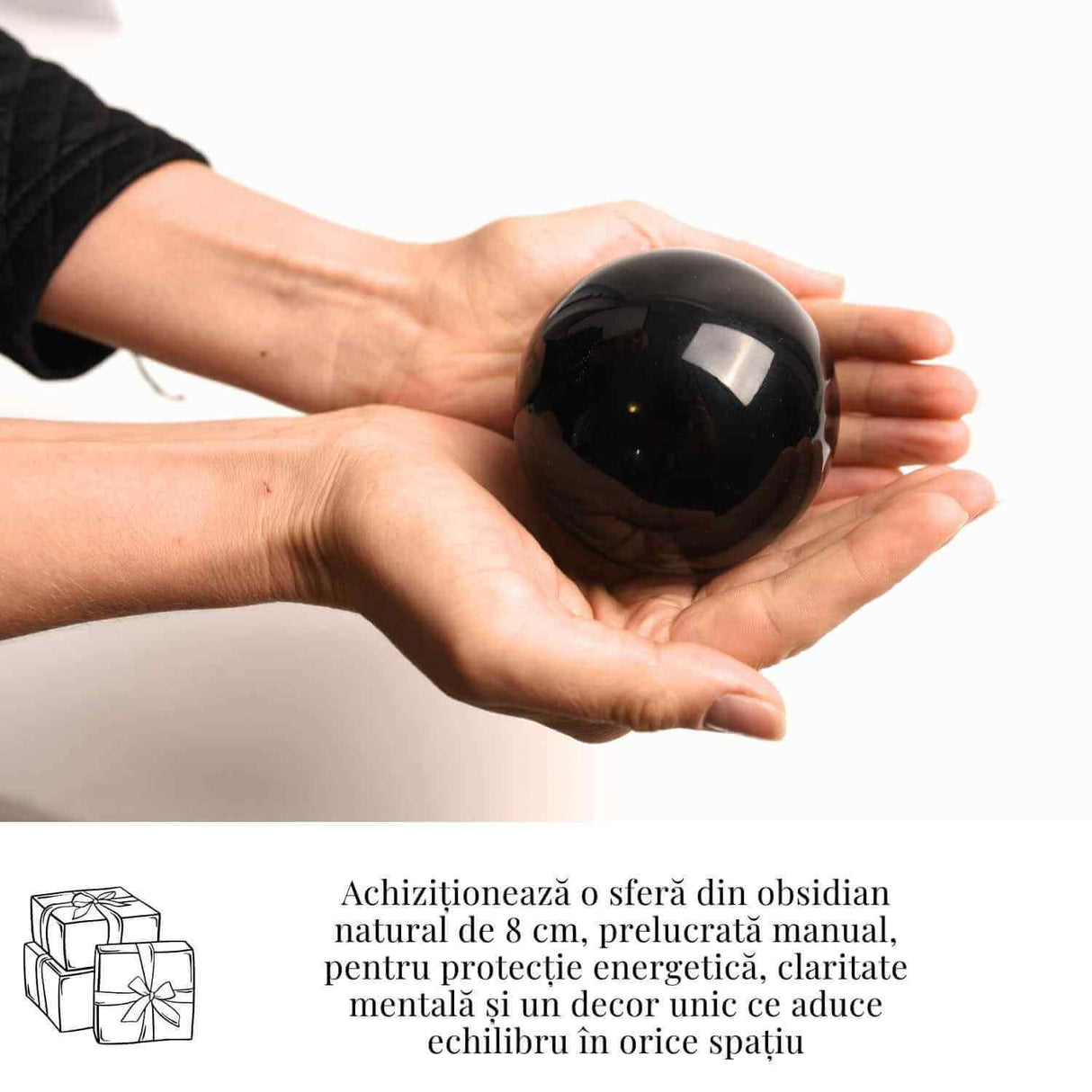 Sfera Obsidian Negru 100% Natural 80 mm cu Suport Lemn India - Protectie si Purificare Energetica