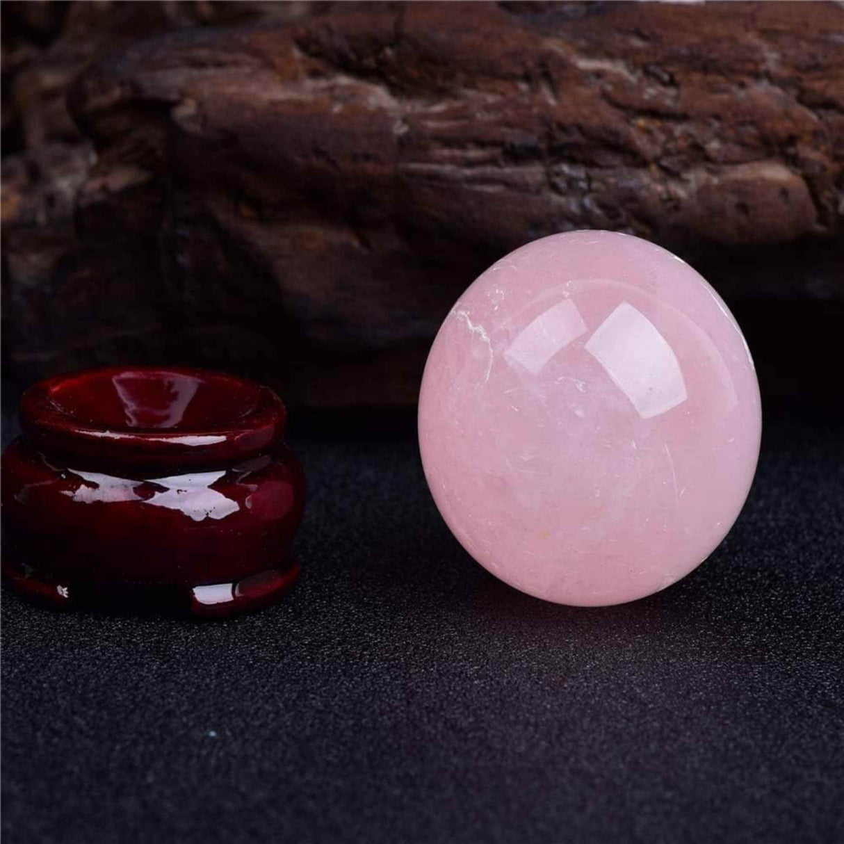 Sfera din Cuart Roz 25-30 mm, minge de cristal decorativa, cu suport de lemn - Pentru decor, meditație, vindecare