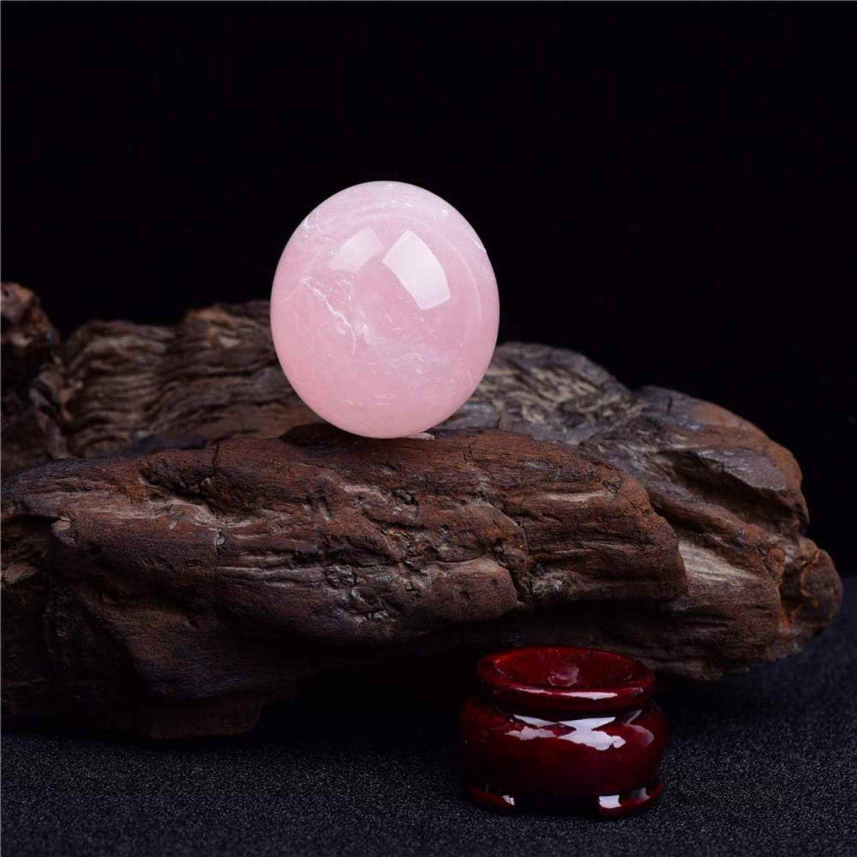 Sfera din Cuart Roz 25-30 mm, minge de cristal decorativa, cu suport de lemn - Pentru decor, meditație, vindecare