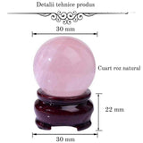 Sfera din Cuart Roz 25-30 mm, minge de cristal decorativa, cu suport de lemn - Pentru decor, meditație, vindecare