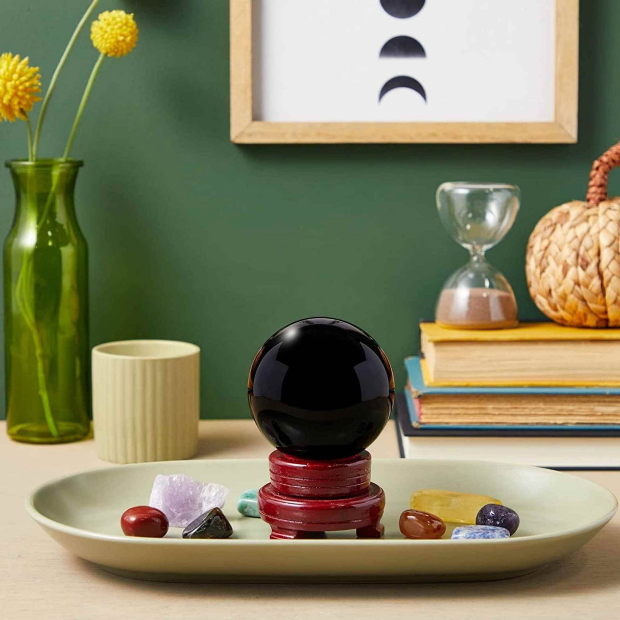 Sfera pudra obsidian negru 80 mm , minge de cristal decorativa, cu suport de lemn - Pentru decor, meditație, vindecare