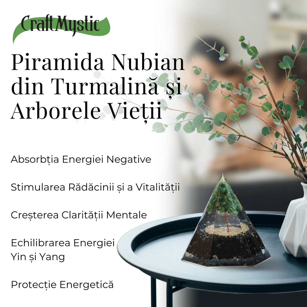 Piramida Orgonica 6 fete 90 mm Nubiana din Turmalina Neagra si Arborele Vietii Jad Verde