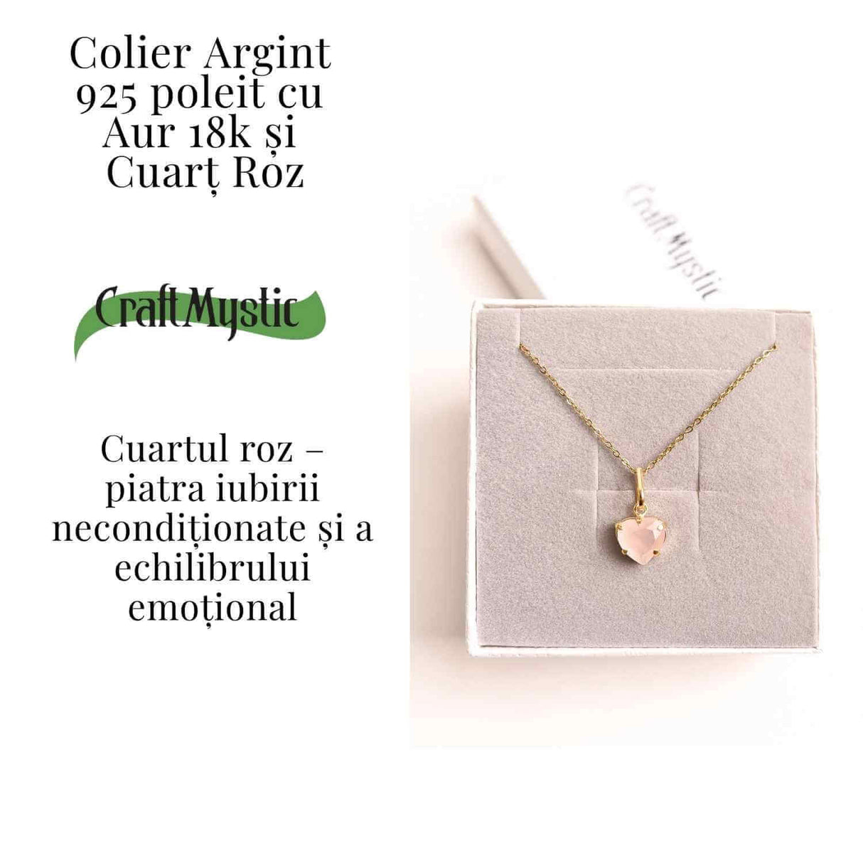 Iubire si Blandete - Colier din Argint 925 Placat cu Aur 18K cu Cuart Roz fatetat in Forma de Inima