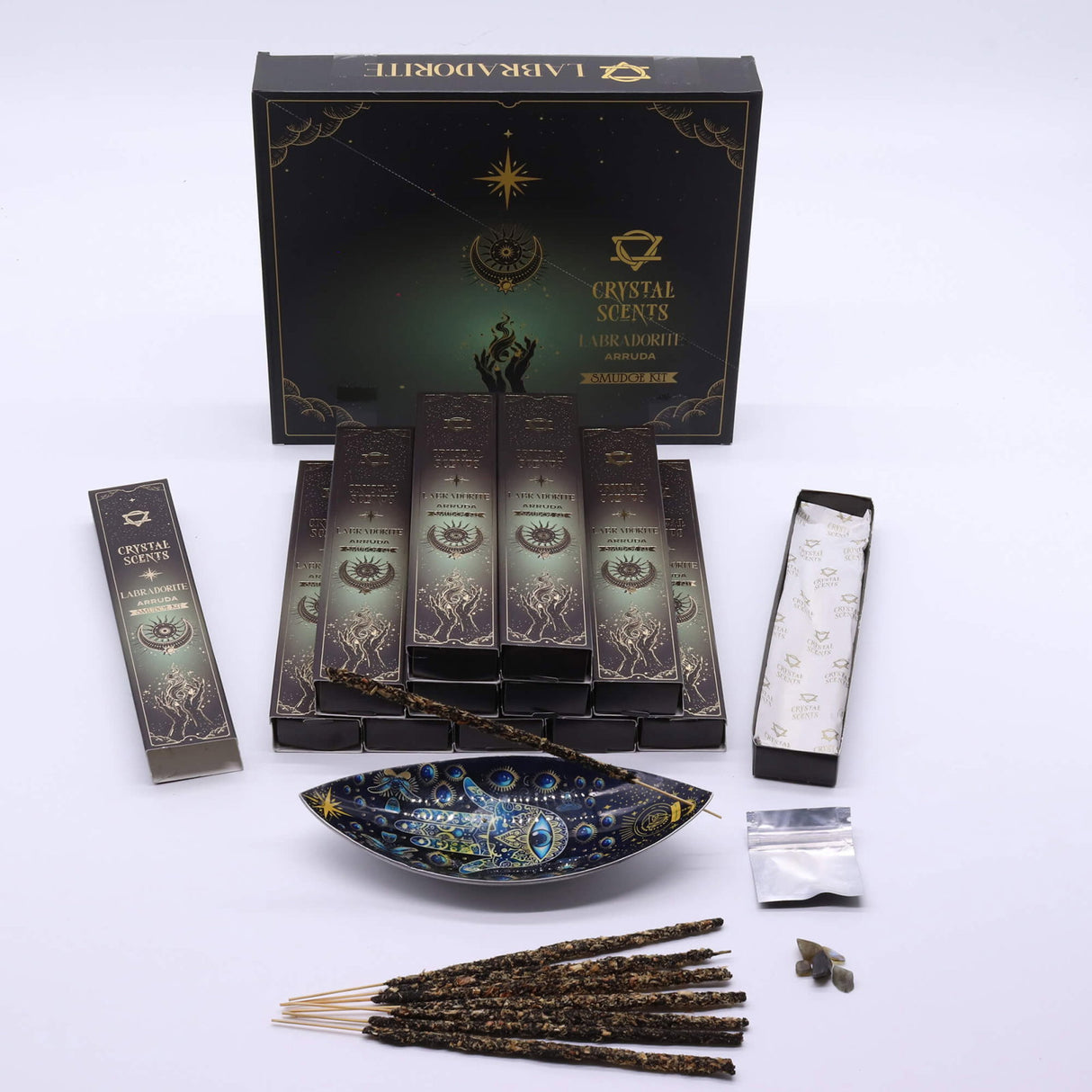 Smudge Kit cu Labradorit si Betisoare Parfumate Arruda - Ritual de Protectie Energetica si Claritate Spirituala