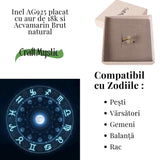 Inel reglabil din argint 925 placat cu aur de 18k cu acvamarin brut care aduce calm, claritate si o prezenta linistitoare