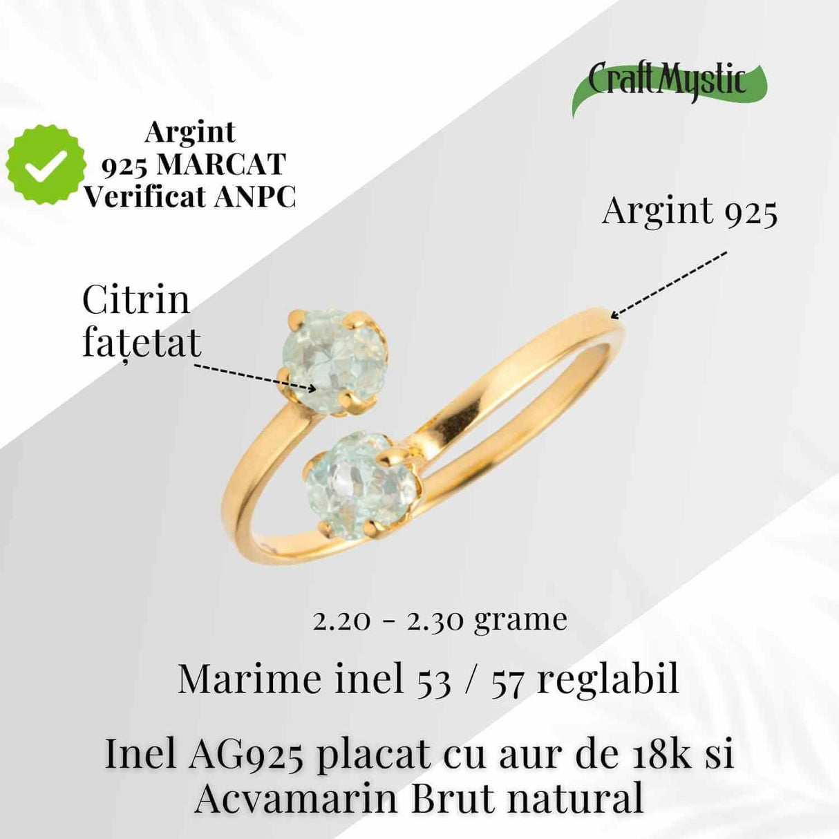 Inel reglabil din argint 925 placat cu aur de 18k cu acvamarin brut care aduce calm, claritate si o prezenta linistitoare