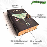 Jurnal din piele naturala cu incuietoare epoca, fazele lunii si fluture - Magie si creativitate