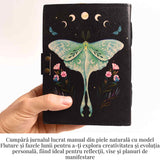 Jurnal din piele naturala cu incuietoare epoca, fazele lunii si fluture - Magie si creativitate