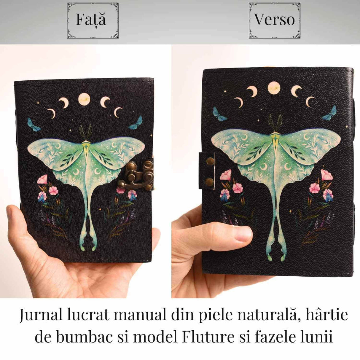 Jurnal din piele naturala cu incuietoare epoca, fazele lunii si fluture - Magie si creativitate