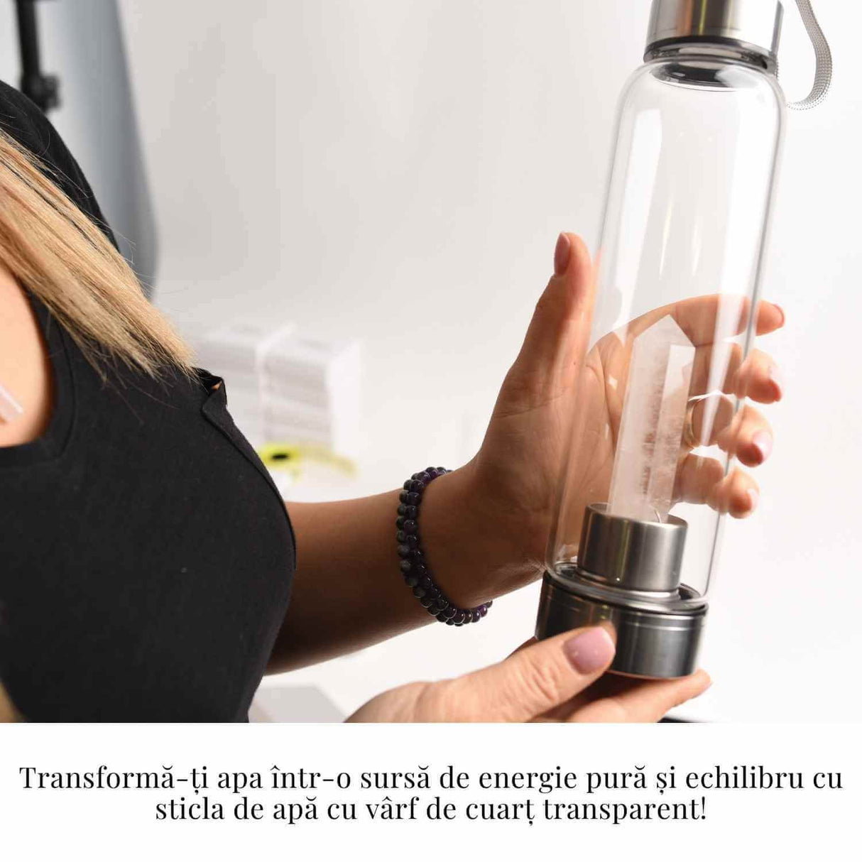 Sticla de apa cu varf de cristal Ametist - Perfect pentru meditatie - Cadouri speciale pentru femei barbati prieteni