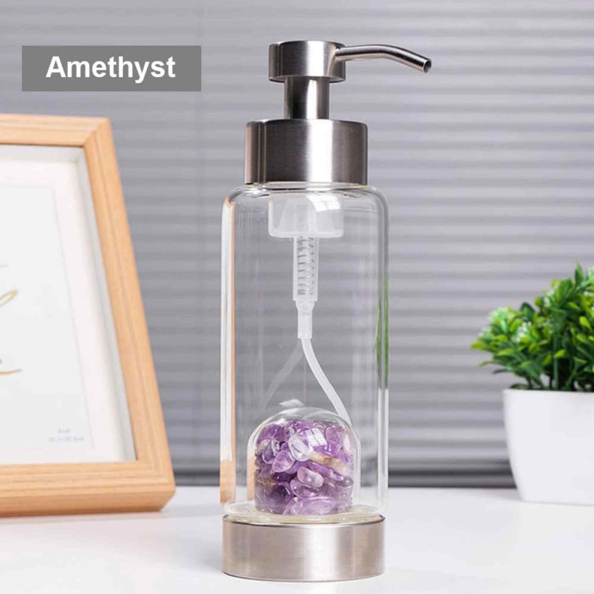 Dozator Otel Inoxidabil de Sapun din Sticla cu Cristale de Ametist de 400ml Eleganta si Energie in Baia si Bucataria Ta